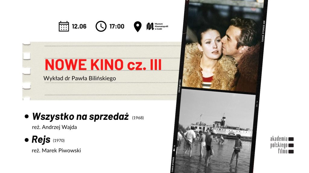 Na środku, po lewej stronie czerwony napis NOWE KINO CZ. III, Wykład dr Pawła Bilińskiego. Po prawej stronie, jeden nad drugim, dwa kadry filmowe.