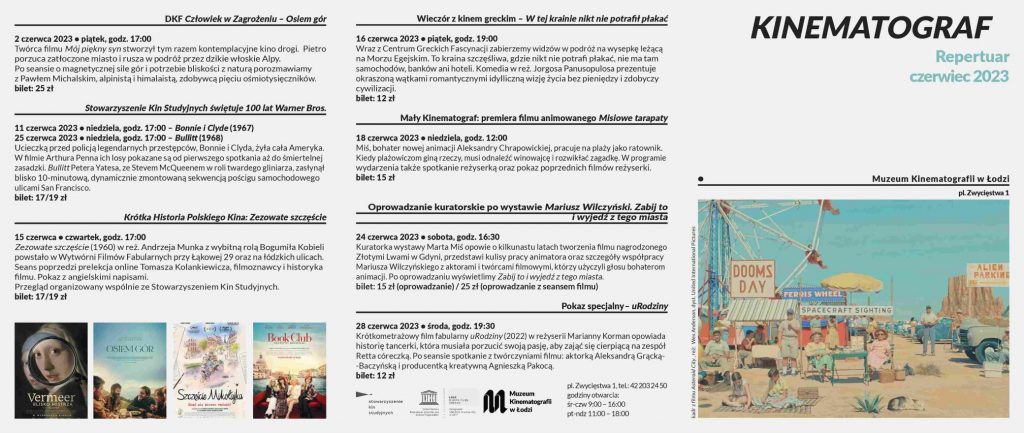 Grafika z tekstem przedstawiającym repertuar na miesiąc czerwiec 2023.