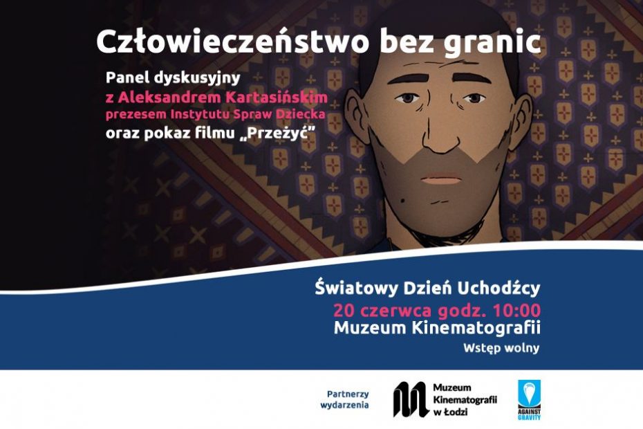 Plakat wydarzenia z okazji Światowego Dnia Uchodźcy. W tle grafika przedstawiająca bruneta z brodą. Na dole logotypy partnerów wydarzenia.