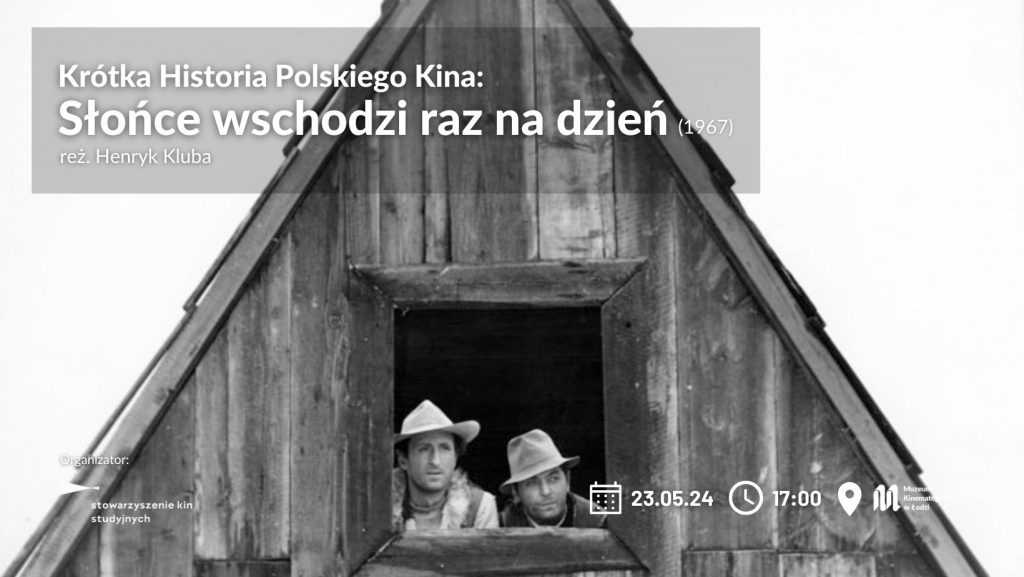 czarno białe zdjęcie. Trójkątny domek z oknem po środku. Wewnątrz wygląda dwóch młodych mężczyzn. Na grafice białe napisy na górze po lewo i na dole po prawo