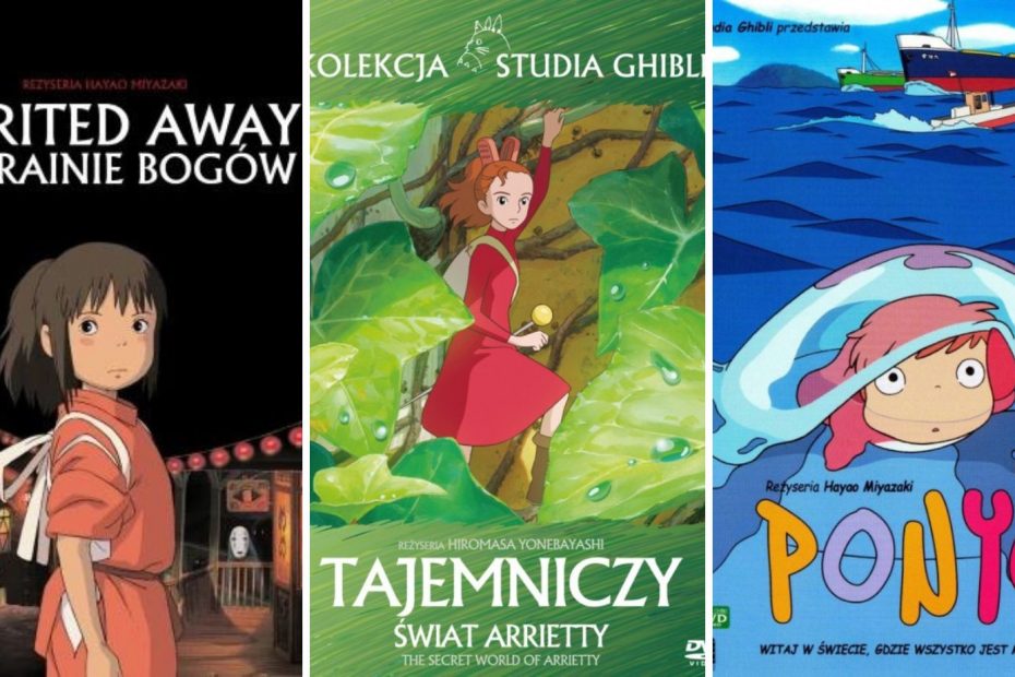 Trzy plakatY: 1. Plakat do filmu: "SPIRITED AWAY" Dziewczynka w czerwonym stroju spogląda w lewą stronę. w tle oświetlona wioska. 2.Plakat do filmu: "TAJEMNICZY ŚWIAT ARRIRTTY" Dziewczynka w czerwonej sukience otoczona wielkimi liśćmi. 3.Plakat do filmu: "PONYO" Animowana postać na otwartej wodzie. W tle trzy kolorowe statki.