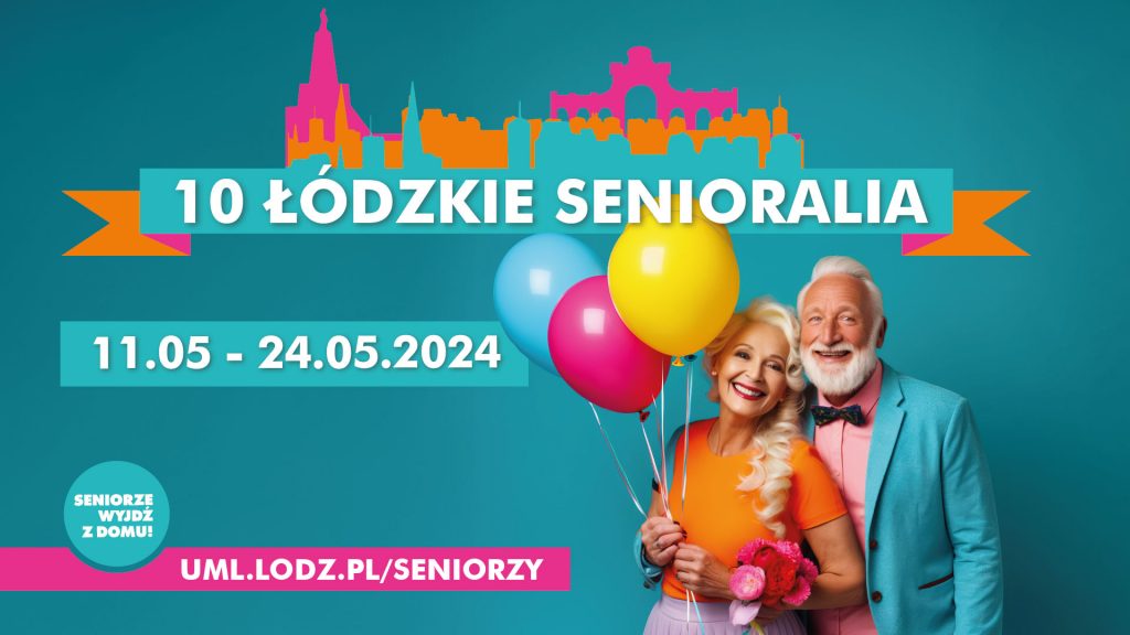 niebieskie grafika, starsza uśmiechnięta przytulona para z balonami. napis: 10 ŁÓDZKIE SENIORALIA