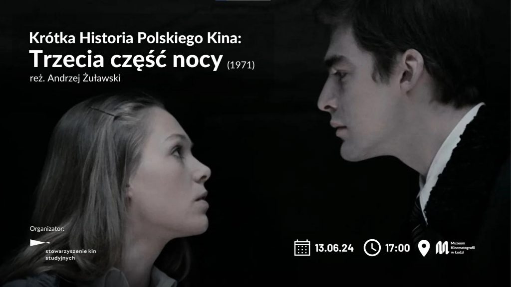 po lewo napisy: Krótka Historia Polskiego Kina Ręce do góry W centralnej części dwójka młodych ludzi. kobieta i mężczyzna. Całość zachowana w ciemnych barwach. tło jest czarne.