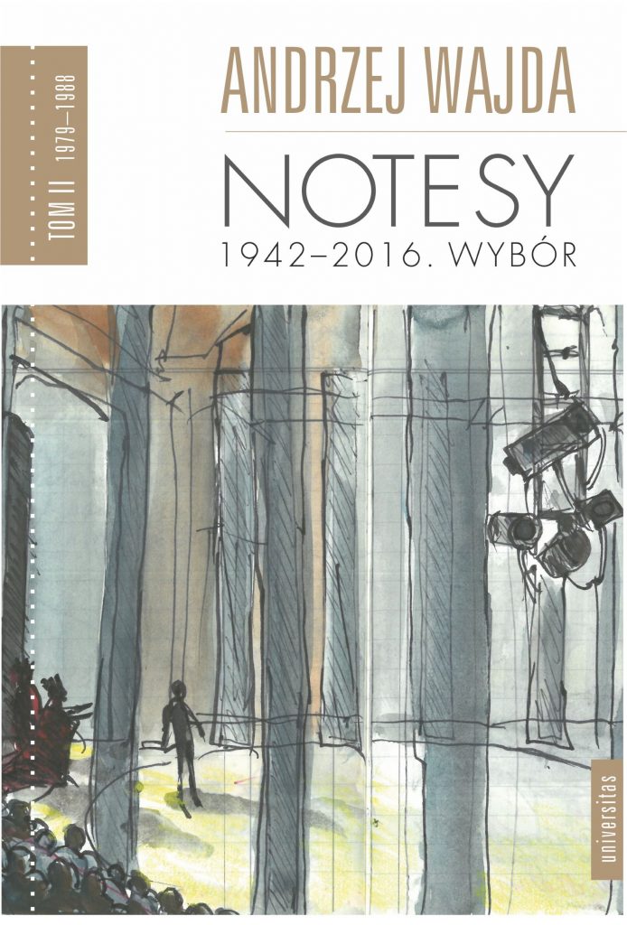 w górnej części są napisy: Andrzej Wajda NOTESY 1942 - 2016. wybór w dolnej części rysunek ukazujący scenę, kamery, widownie i czarną postać