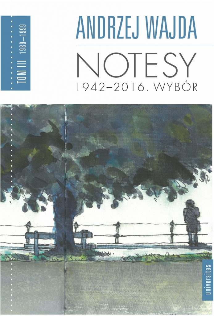 w górnej części są napisy: Andrzej Wajda NOTESY 1942 - 2016. wybór w dolnej części rysunek ukazujący postać po prawej stronie stojącą pod drzewem które zajmuje główną przestrzeń. całość jest zachowana w kolorach zieleni i granatu.