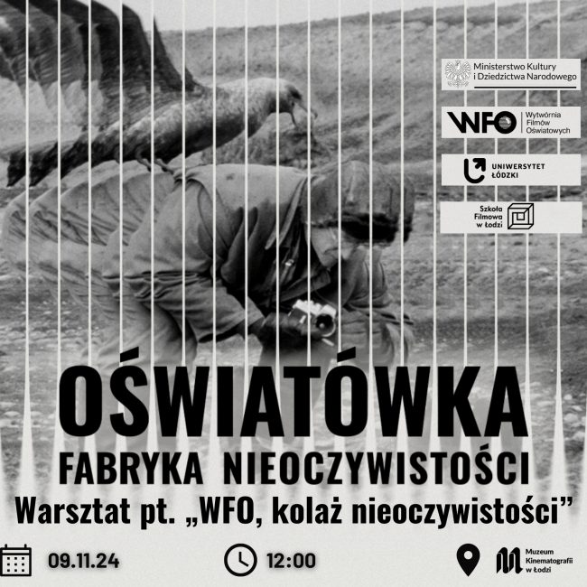 Grafika do wydarzenia towarzyszącego wystawie o WFO. Na niej kadr z Włodzimierzem Puchalskim i ptakiem