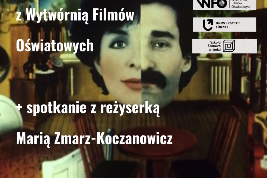 Kadr z filmu z twarzą kobiety i mężczyzny przeciętą na pół