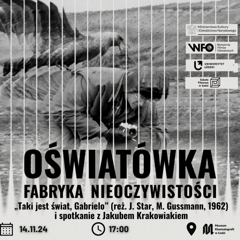 Grafika do wydarzenia towarzyszącego wystawie o WFO. Na niej kadr z Włodzimierzem Puchalskim i ptakiem