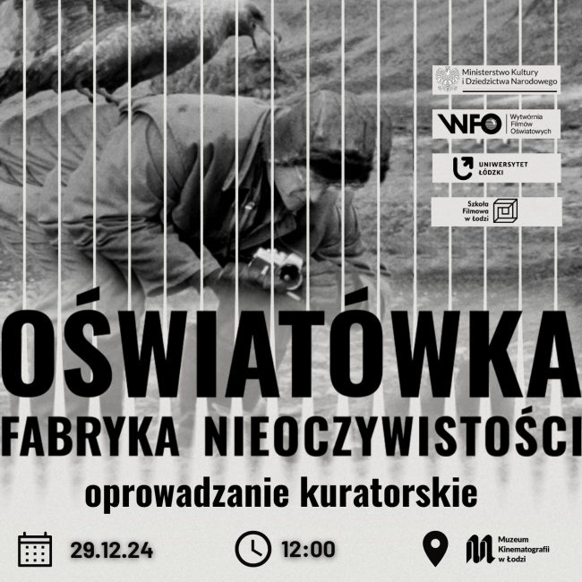 Grafika z wystawy WFO. Kadr z filmu Włodzimierza Puchalskiego, Puchlaski z ptakiem na plecach